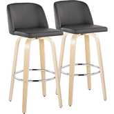 Toriano 30" Swivel Bar Stool in Natural Wood & Grey Leatherette with Chrome Footrest (Set of 2)